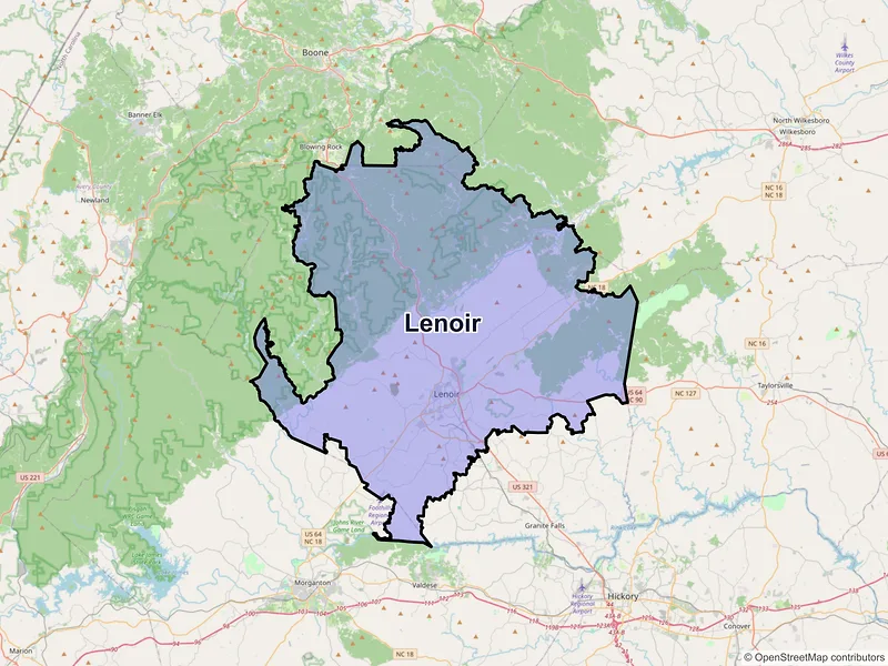 Map of Lenoir, North Carolina and ZIP codes