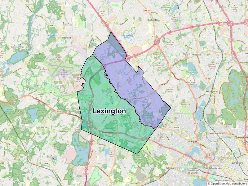 Map of Lexington, Massachusetts and ZIP codes