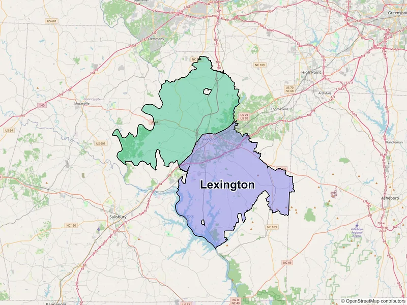 Map of Lexington, North Carolina and ZIP codes
