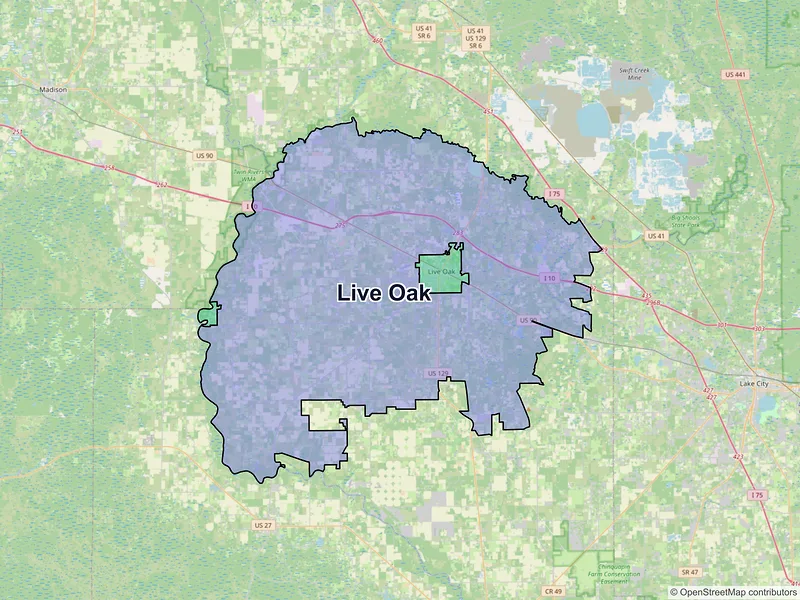 Map of Live Oak, Florida and ZIP codes