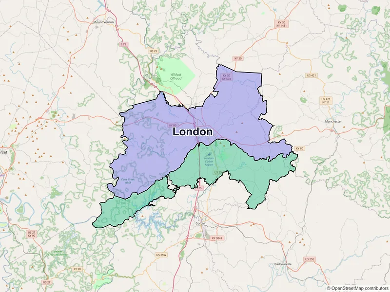 Map of London, Kentucky and ZIP codes