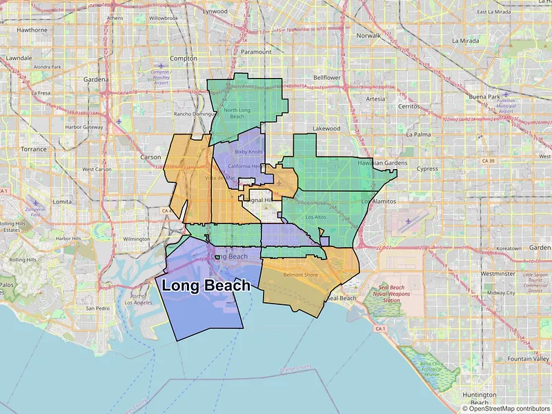 Map of Long Beach, California and ZIP codes