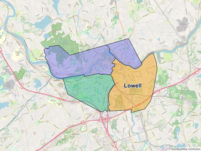 Map of Lowell, Massachusetts and ZIP codes