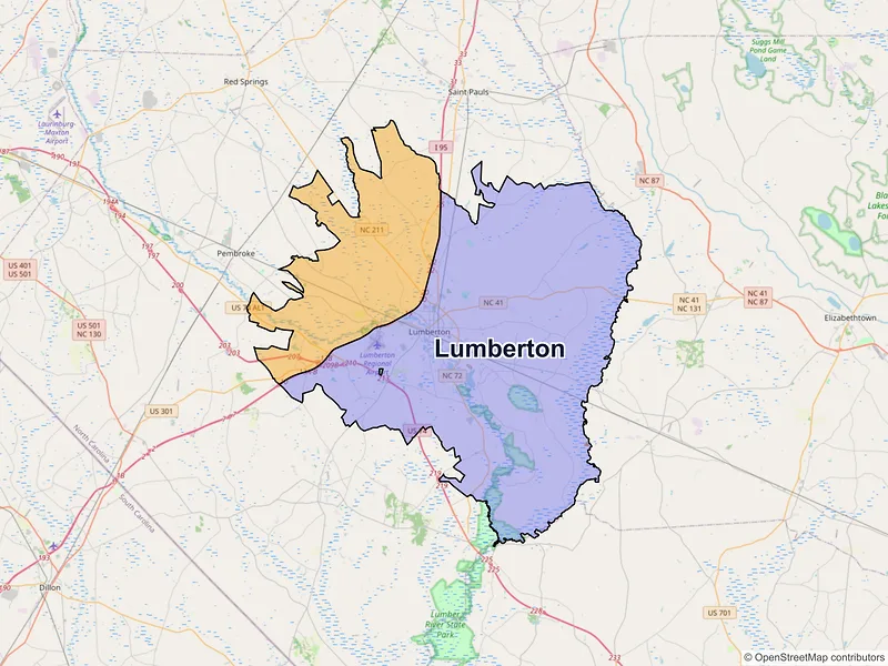 Map of Lumberton, North Carolina and ZIP codes