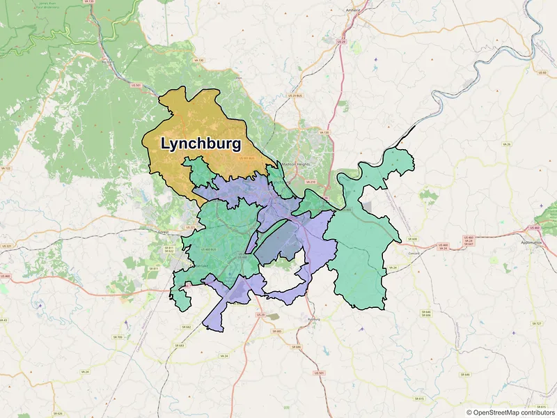 Map of Lynchburg, Virginia and ZIP codes