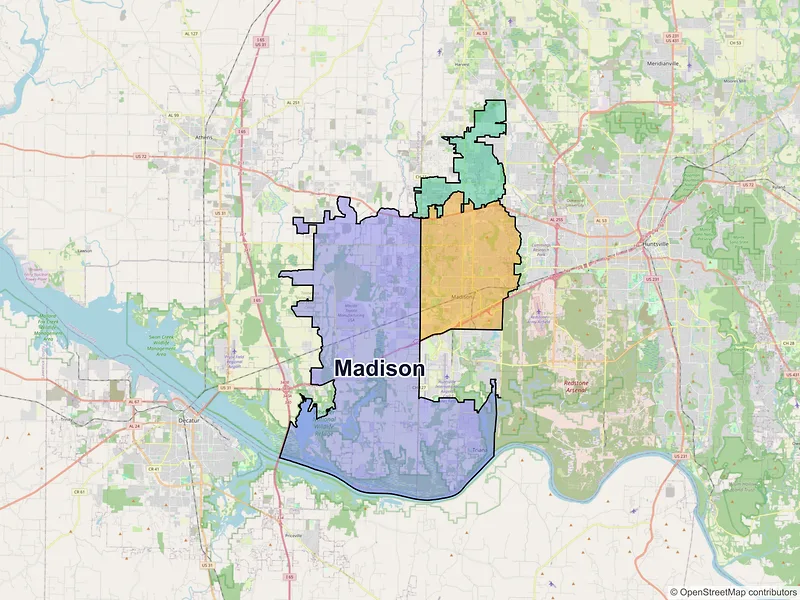 Map of Madison, Alabama and ZIP codes