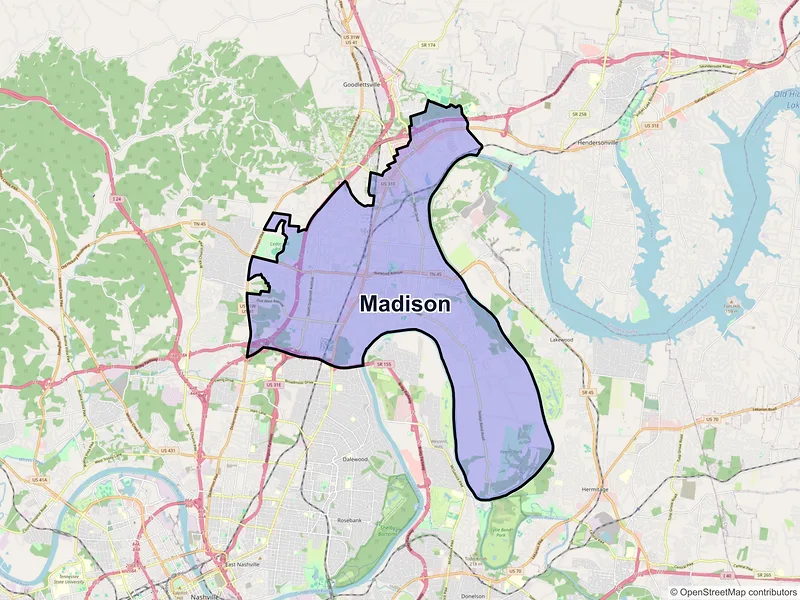 Map of Madison, Tennessee and ZIP codes