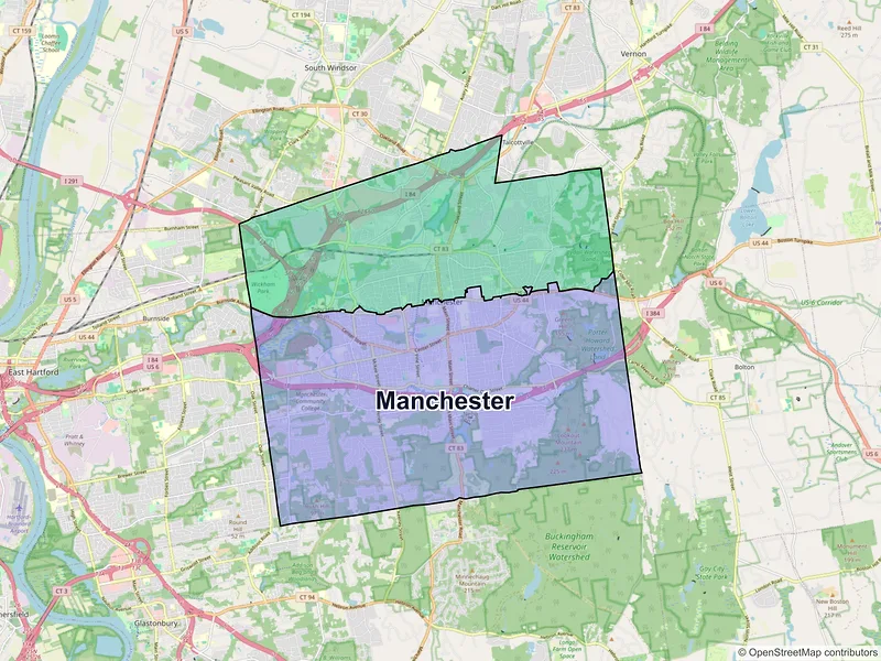 Map of Manchester, Connecticut and ZIP codes