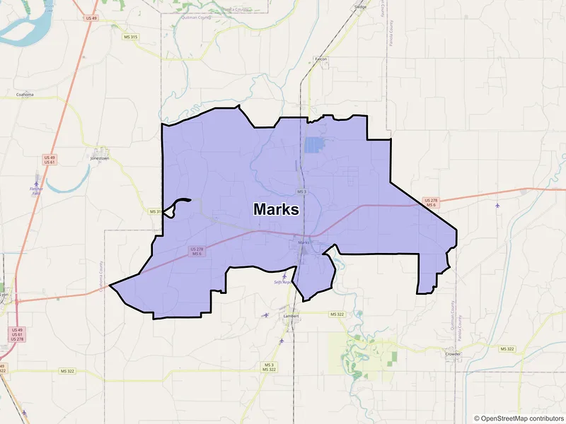 Map of Marks, Mississippi and ZIP codes