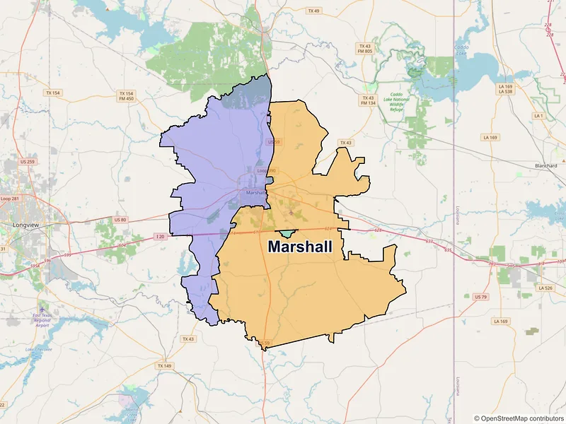 Map of Marshall, Texas and ZIP codes