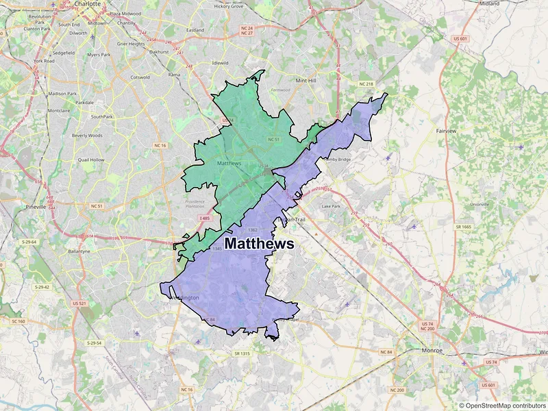 Map of Matthews, North Carolina and ZIP codes