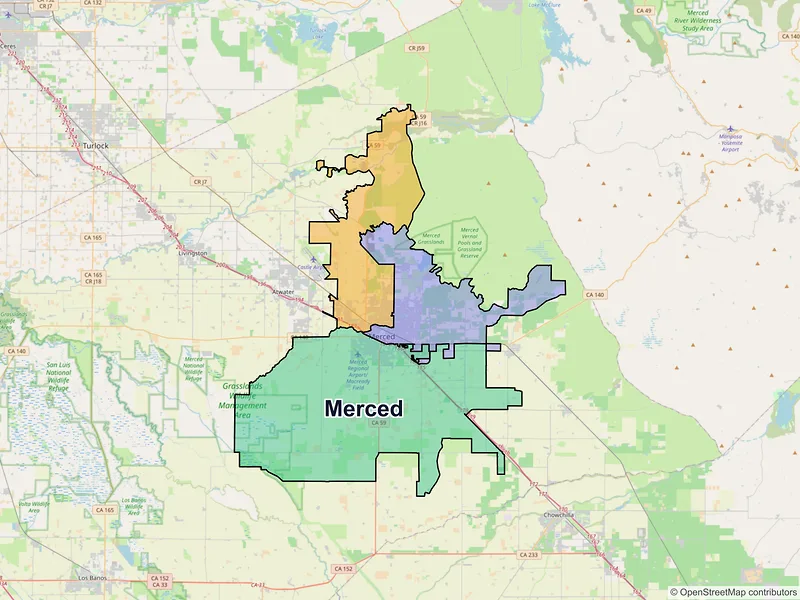 Map of Merced, California and ZIP codes