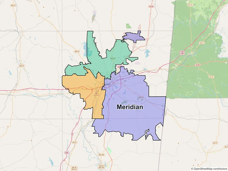 Map of Meridian, Mississippi and ZIP codes