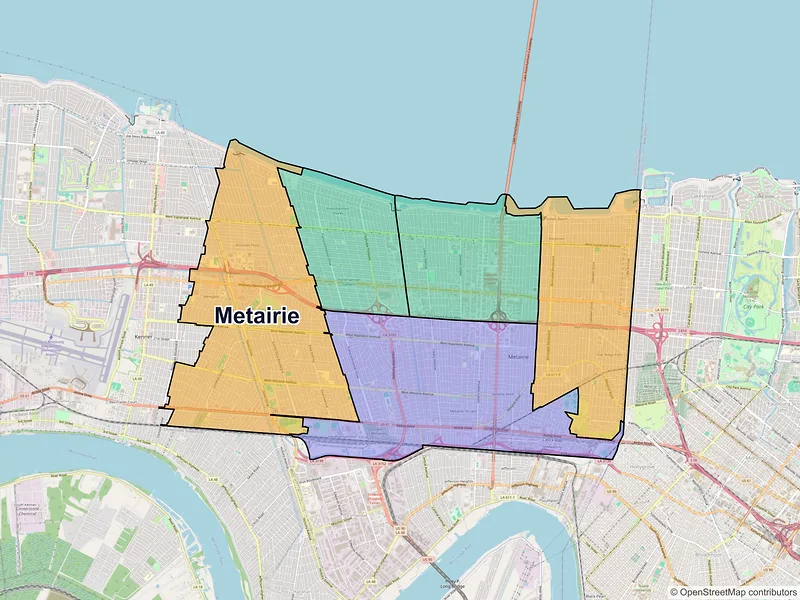 Map of Metairie, Louisiana and ZIP codes