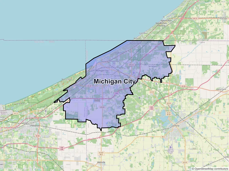 Map of Michigan City, Indiana and ZIP codes