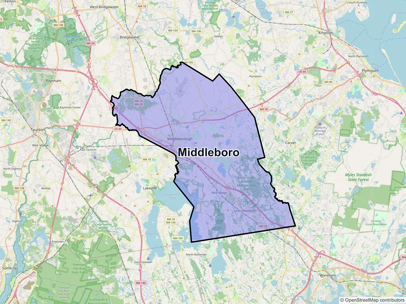 Map of Middleboro, Massachusetts and ZIP codes