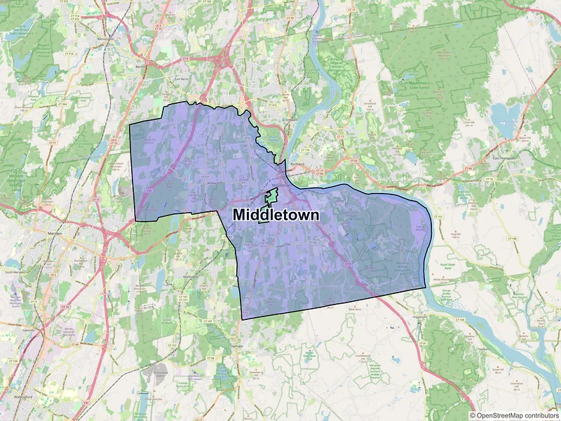 Map of Middletown, Connecticut and ZIP codes