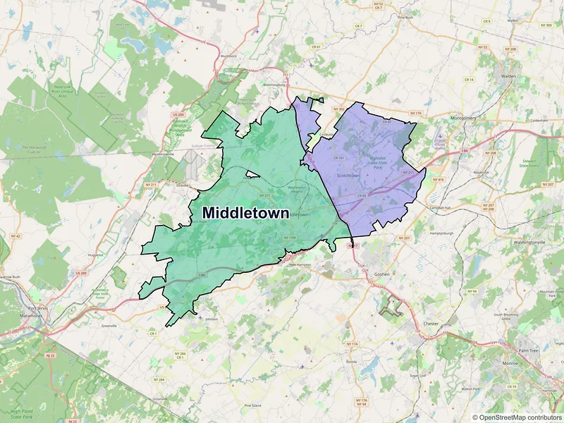 Map of Middletown, New York and ZIP codes