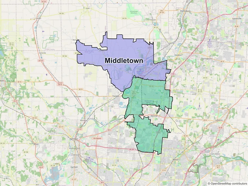 Map of Middletown, Ohio and ZIP codes