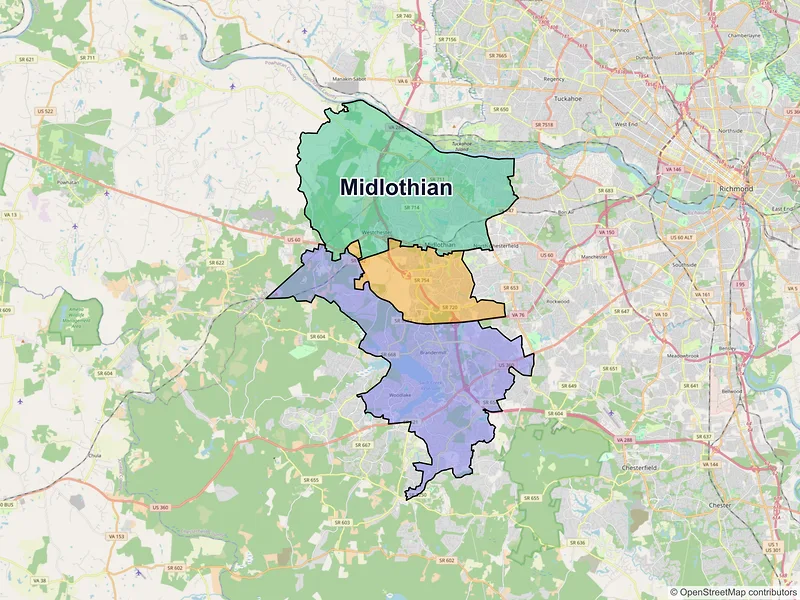 Map of Midlothian, Virginia and ZIP codes