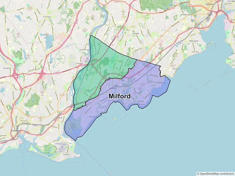 Map of Milford, Connecticut and ZIP codes