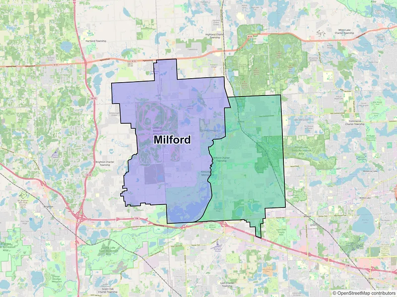 Map of Milford, Michigan and ZIP codes