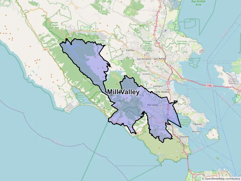 Map of Mill Valley, California and ZIP codes