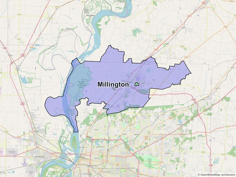 Map of Millington, Tennessee and ZIP codes