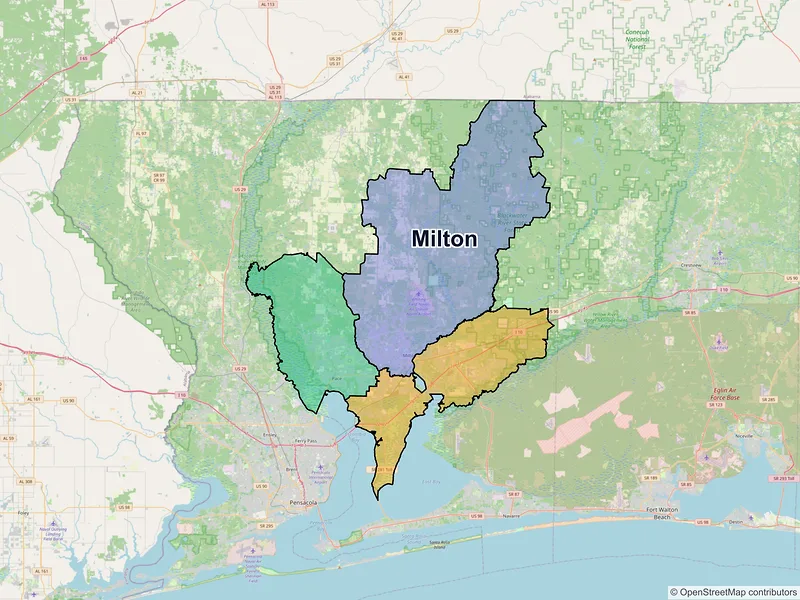 Map of Milton, Florida and ZIP codes