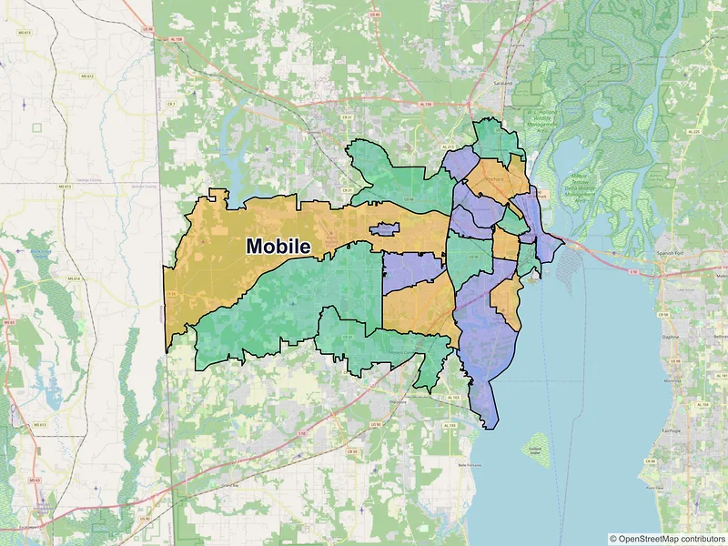 Map of Mobile, Alabama and ZIP codes