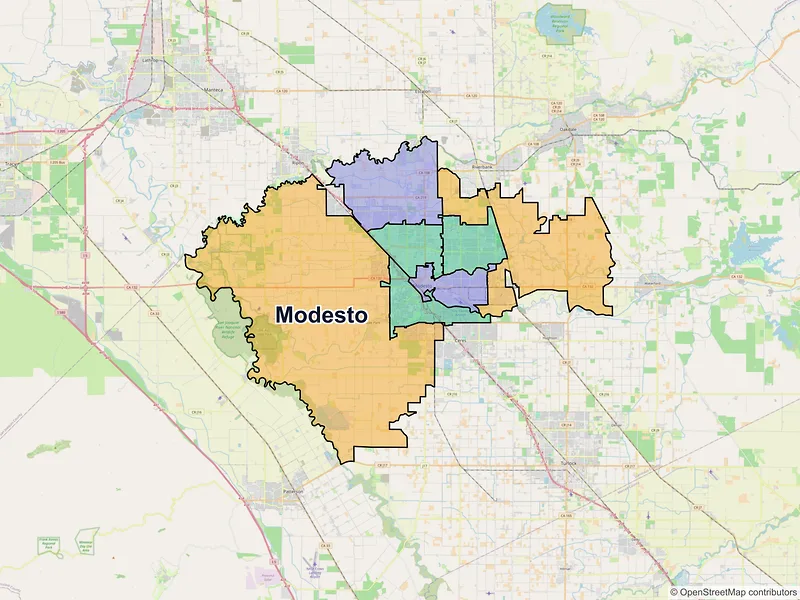 Map of Modesto, California and ZIP codes