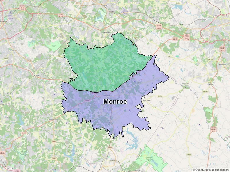 Map of Monroe, Georgia and ZIP codes