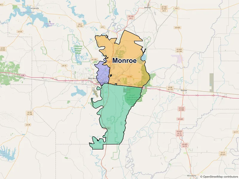 Map of Monroe, Louisiana and ZIP codes
