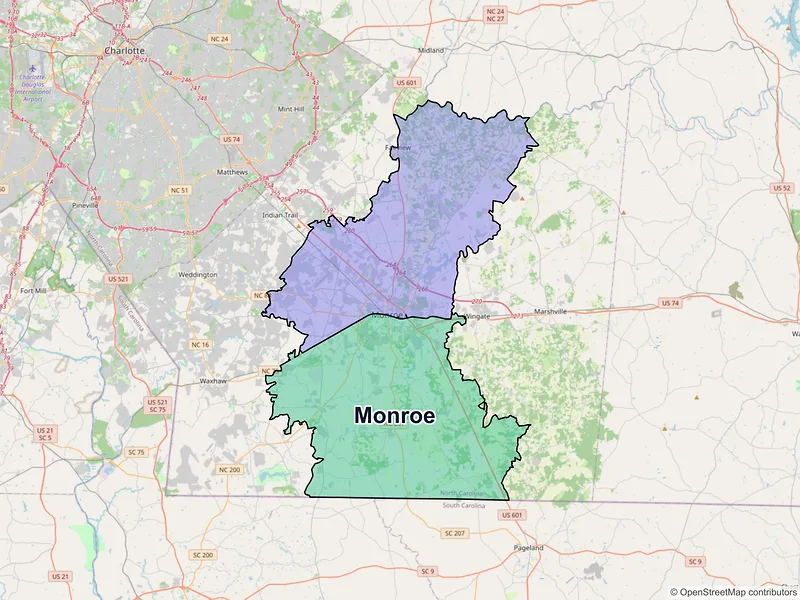 Map of Monroe, North Carolina and ZIP codes