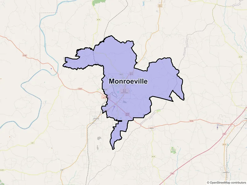 Map of Monroeville, Alabama and ZIP codes
