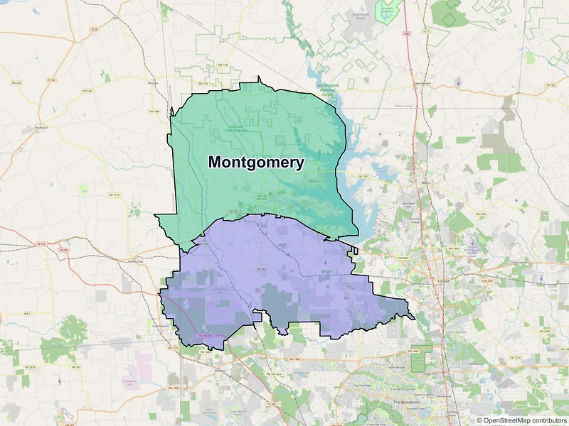 Map of Montgomery, Texas and ZIP codes