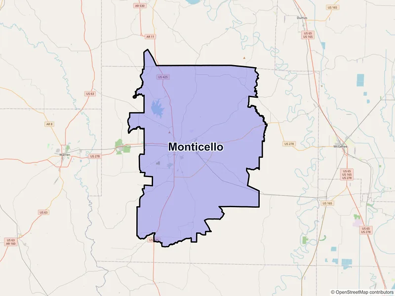 Map of Monticello, Arkansas and ZIP codes