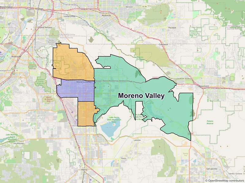 Map of Moreno Valley, California and ZIP codes