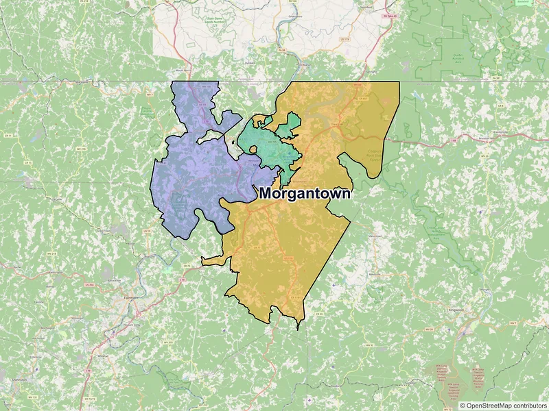 Map of Morgantown, West Virginia and ZIP codes
