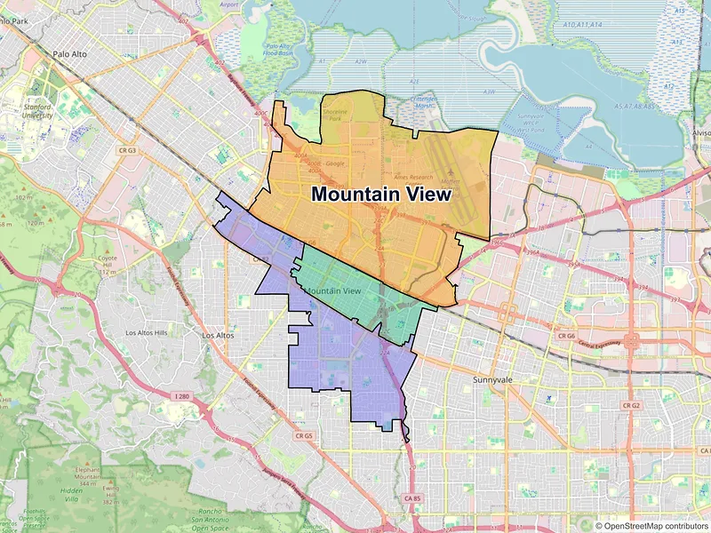 Map of Mountain View, California and ZIP codes