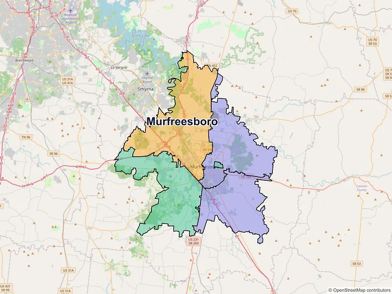 Map of Murfreesboro, Tennessee and ZIP codes