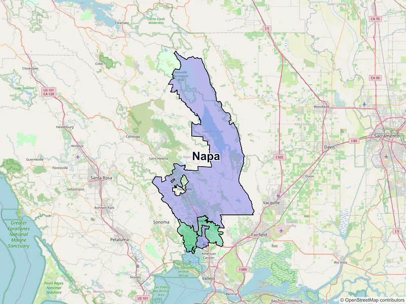 Map of Napa, California and ZIP codes