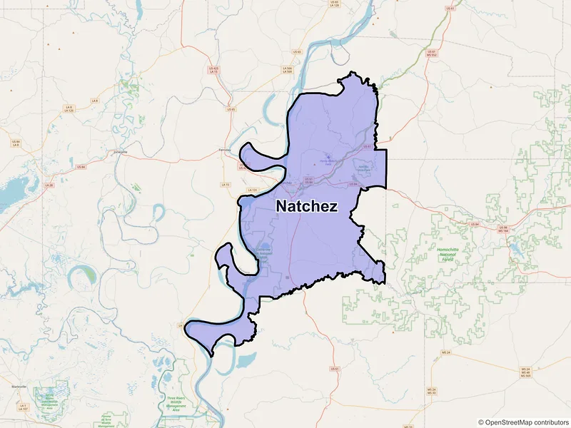 Map of Natchez, Mississippi and ZIP codes