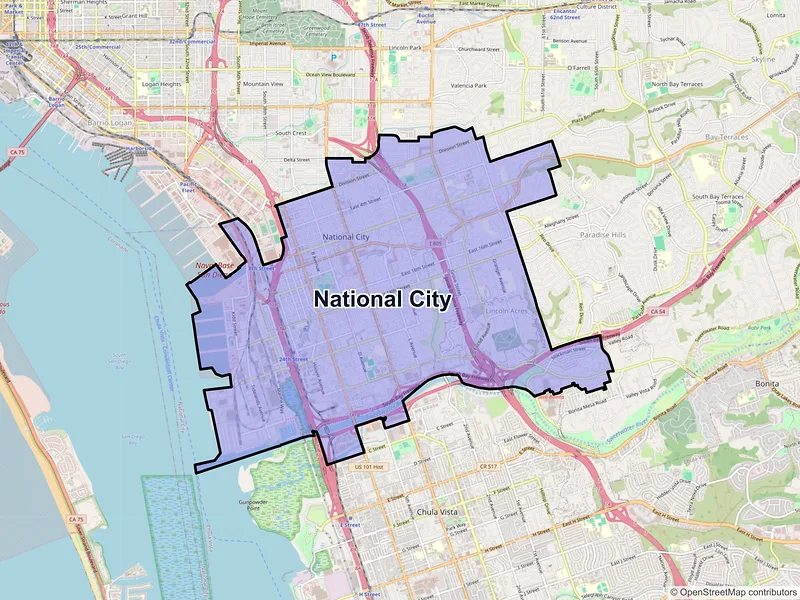 Map of National City, California and ZIP codes