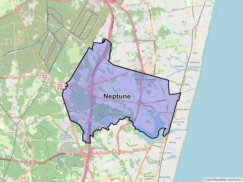 Map of Neptune, New Jersey and ZIP codes