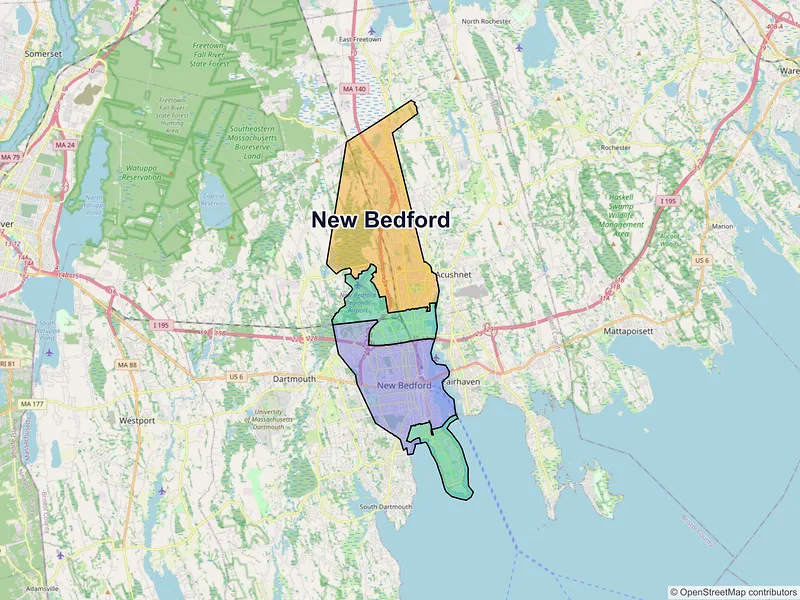 Map of New Bedford, Massachusetts and ZIP codes