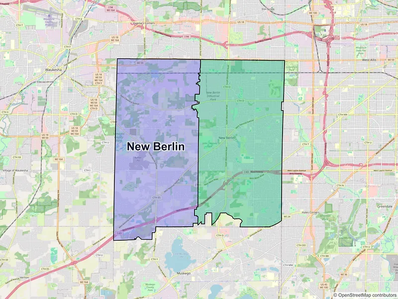 Map of New Berlin, Wisconsin and ZIP codes