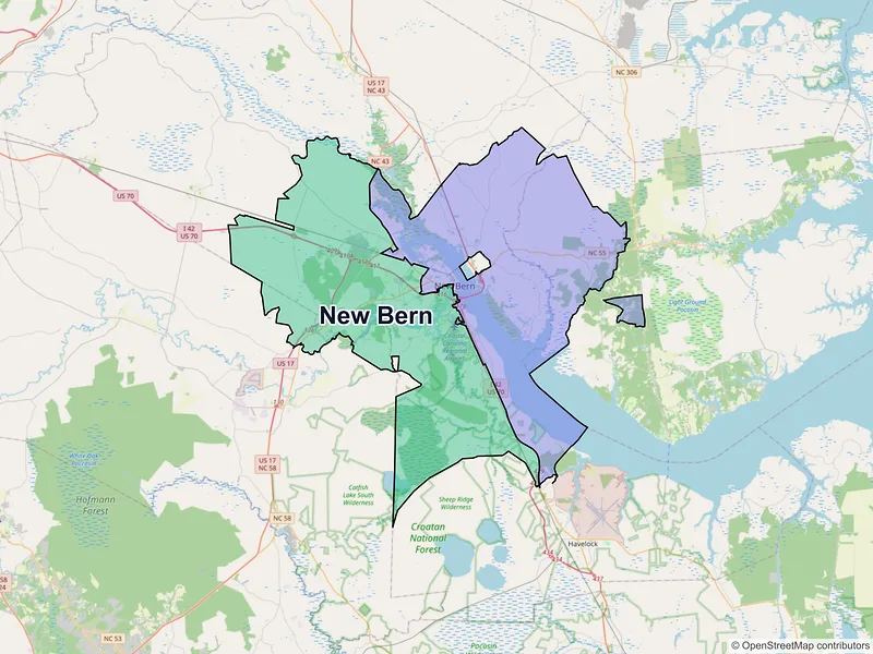 Map of New Bern, North Carolina and ZIP codes