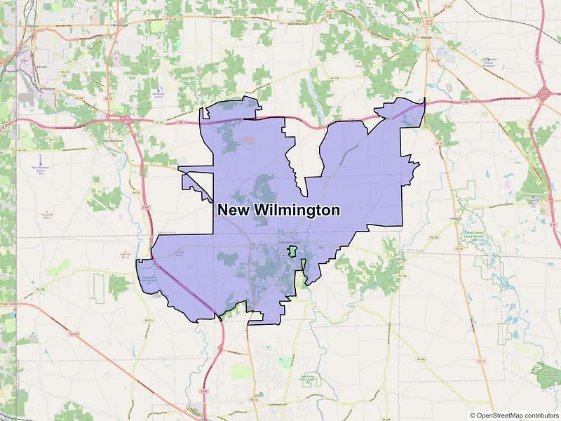 Map of New Wilmington, Pennsylvania and ZIP codes