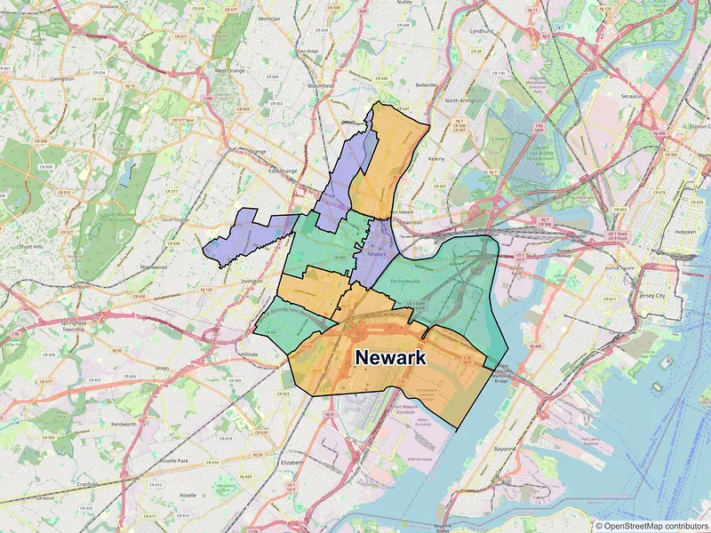 Map of Newark, New Jersey and ZIP codes